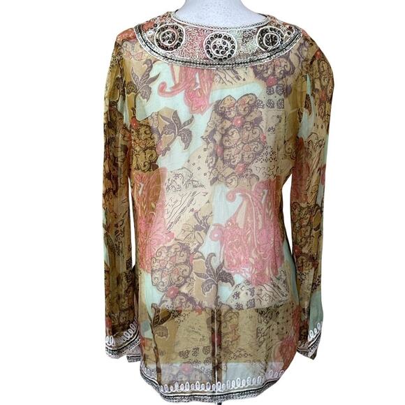 Soft Surroundings rust/green/brown sheer beaded top, bohemian, resort, global - Picture 3 of 7